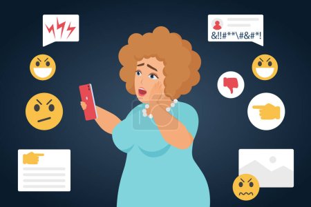 Illustration for Cyber bullying sad bullied fat woman character in online social media background - Royalty Free Image