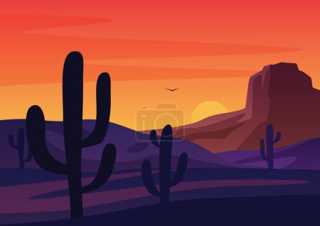 Photo for Silhouettes of cactuses growing in dry desert against bright sunset sundown sky - Royalty Free Image