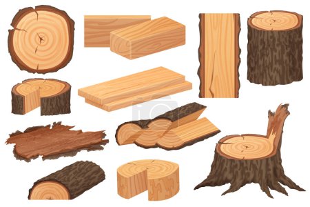 Téléchargez les illustrations : Wood industry raw materials. Tree trunk, logs, trunks, woodwork planks, stumps, lumber branch - en licence libre de droit