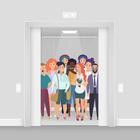 Photo for Group of young smiling people in elevator with open doors - Royalty Free Image