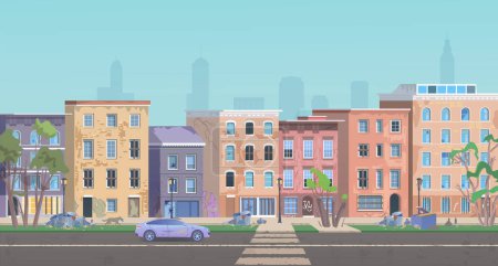 Illustration for Ghetto landscape, poor neighborhood cityscape with slum city street, dirty shanty houses - Royalty Free Image