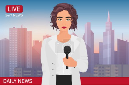 Illustration for Newscaster woman reports breaking news. News vector illustration. Media on television concept. - Royalty Free Image