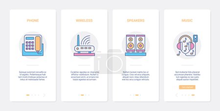 Photo for Home appliances for communication and entertainment vector illustration. UX, UI onboarding mobile app page screen set with line wireless internet symbols, phone gadget, smart speakers to play music - Royalty Free Image