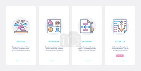 Photo for Business success strategy concept vector illustration. UX, UI onboarding mobile app page screen set with line successful mission statement, management planning, business stability abstract symbols - Royalty Free Image