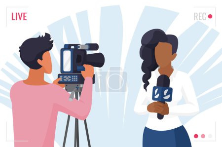 Photo for Journalist tv news, reporter video interview with camera vector illustration. Cartoon woman interviewer with microphone and professional cameraman videographer, journalism concept isolated on white - Royalty Free Image