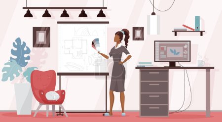 Illustration for Designer freelancer working from home vector illustration. Cartoon woman character holding palette of colors, standing in workplace with apartment plan to design room, freelance work background - Royalty Free Image