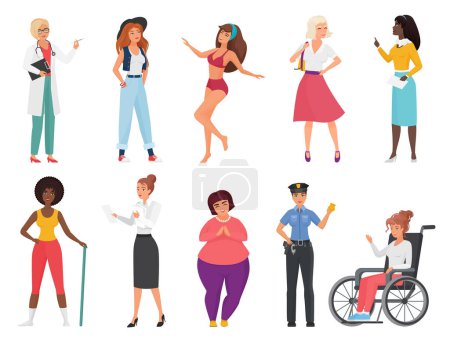 Photo for Different woman vector illustration set. Cartoon flat international female characters collection with professional lady wearing uniform, girls worker staff of various professions in work or vacation - Royalty Free Image