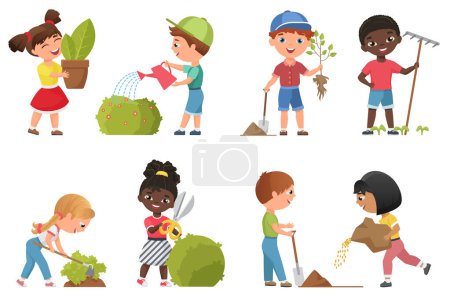 Illustration for Kids gardening vector illustration set. Cartoon flat garden work collection with happy friends children characters planting and watering greenery, standing with green plant in hand isolated on white - Royalty Free Image