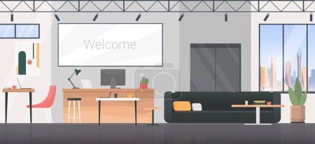 Coworking room interior flat design vector illustration. Cartoon empty modern office apartment with sofa and desk, comfortable workplace for creative office workers, workspace panoramic background