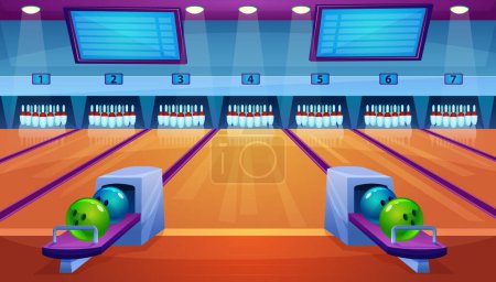 Photo for Bowling alley flat vector illustration. Cartoon empty bowling club interior with pin ball bowl sport game equipment on lane, scoreboard screen for gamer team competition, leisure activity background - Royalty Free Image