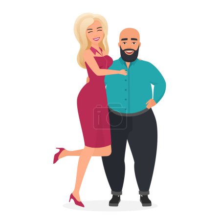 Photo for Atypical weird interracial couple flat vector illustration. Beautiful blond podium model woman on heels in elegant dress with low hight fat overweight bald bearded man. Unequal marriage. - Royalty Free Image