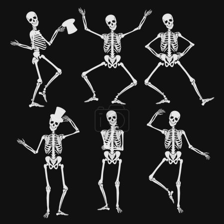 Illustration for Homan skeletons silhouettes in different poses isolated on black vector illustration - Royalty Free Image