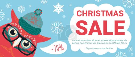 Photo for Christmas sale, discount offers vector illustration. Cartoon cute owl with glasses, hat and snowflakes offering special shop discounts during Christmas winter season, xmas advertising promo background - Royalty Free Image