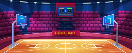 Photo for Empty basketball arena, sport stadium vector illustration. Cartoon flat court field interior with illumination, scoreboard screen for gamer team competition, basketball sport game equipment background - Royalty Free Image