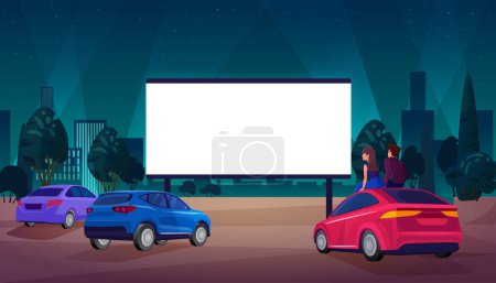 Ilustración de People in car cinema concept, watching movie open air movie theater background - Imagen libre de derechos