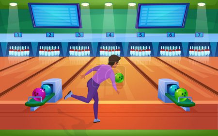 Photo for Play bowling game flat vector illustration. Cartoon active man player playing in bowling alley interior, bowler gamer character throwing ball and striking pins, leisure or sport activity background - Royalty Free Image