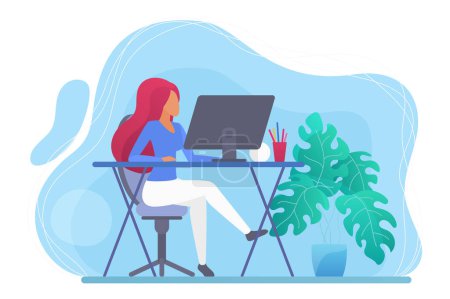 Téléchargez les illustrations : Freelancer woman working at home computer - en licence libre de droit