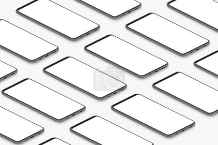 Photo for Isometric black realistic smartphones with blank white screens grid. Empty screen phone template for inserting UI interface or business presentation vector illustration - Royalty Free Image