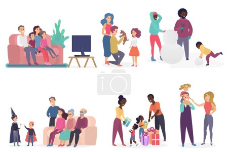 Family members spending time together. Parents and children watching TV, talking, playing, birthday celebrating. Flat vector illustration