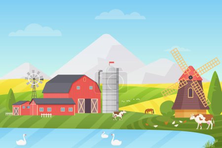 Photo for Agriculture, Agribusiness and Farming vector illustration concept. Rural cartoon landscape with animals and buildings - Royalty Free Image