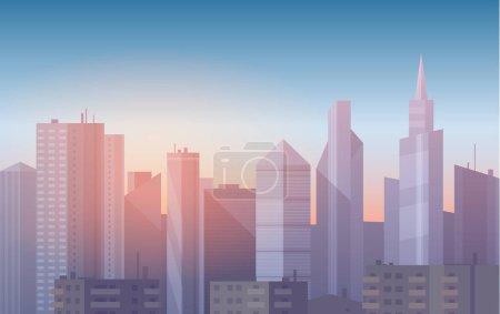 Illustration for Realistic, soft cartoon cityscape vector background. Beautiful skyline city with skyscrapers in sunset or sunrise vector illustration - Royalty Free Image