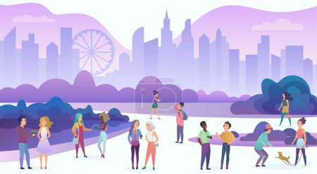 Photo for Group of people enjoying time, walking, communicating, have fun, date, talk, laugh in the evening city cartoon vector illustration - Royalty Free Image