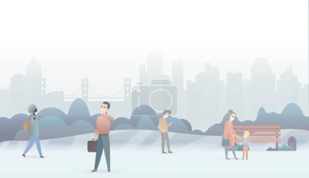 Illustration for Sad people suffer from air pollution and wear protective masks. Industrial white smog fog city background. Fine dust, air pollution, pollutant gas emission, industrial smog vector illustration - Royalty Free Image