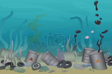Photo for Plastic, tires and poisonous barrel pollution illustration trash under the sea vector illustration. Sea and ocean ecology pollution concept - Royalty Free Image