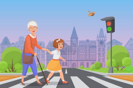 Photo for Polite little girl helps smiling old woman to pass the road at a pedestrian crossing while the green light shines. Color vector illustration - Royalty Free Image