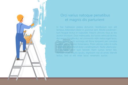 Photo for Man decorator painter with a paint roller painting a color wall. Upgrade and repair process concept. Website reconstruction vector illustration - Royalty Free Image