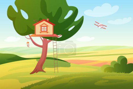 Photo for Stylized bright summer rural fields sunny panoramic landscape with a wooden children tree house and ladder, plane. Colorful cartoon style vector illustration - Royalty Free Image