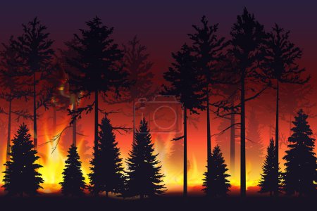Illustration for Wild fire in the night forest. Natural disaster. Wildfire. Black silhouette trees on fire realistic vector illustration - Royalty Free Image