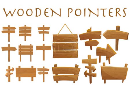 Illustration for Set of different wooden empty cartoon pointers, hovering guides, signboards, signposts, planks, showing different destinations isolated flat vector illustration - Royalty Free Image