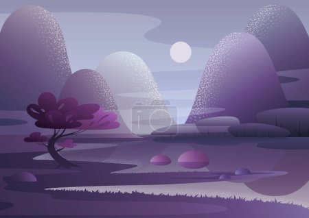 Photo for Violet tree growing on shore of bubbling lake against hills and evening sky with moon. Asian japanese, chinese style landscape vector illustration - Royalty Free Image