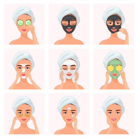 Photo for Set of young attractive well-groomed women using cucumber soaked eye mask, clay mask, under eye patches, normal, dry or problem skin caring mask, day and night cream isolated on white background - Royalty Free Image