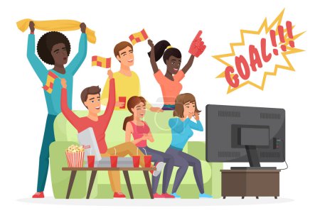 Illustration for Football fans flat vector illustration. Sport fans with soccer attributes cheering for favorite team. Man and woman friends watching match on TV sitting in home. Guys having fun cartoon characters - Royalty Free Image