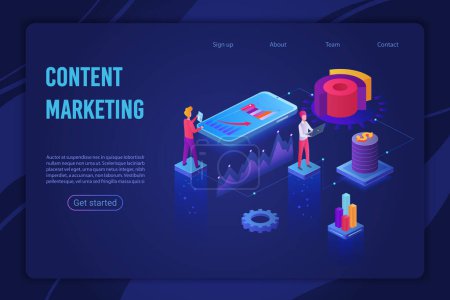 Photo for Content marketing strategy ultraviolet light landing page isometric vector template. Digital marketing, Content sharing, Social media. Creating, distributing content website homepage layout - Royalty Free Image