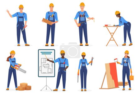 Photo for Builders in uniform flat vector characters set. Construction workers in blue jumpsuits and hardhats. Cartoon engineers, architects, repairmen at work. Women breaking stereotypes. Racial equality idea - Royalty Free Image