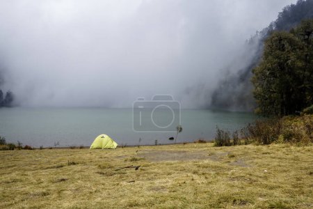 Téléchargez les photos : A tent with misty lake on background at Ranu Kumbolo, Mt Semeru, Indonesia - en image libre de droit