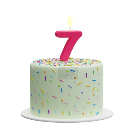 Cartoon cake with a candle in the shape of the number 7. Seventh birthday cake, anniversary. Isolated illustration on white background, 3d rendering