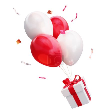 Téléchargez les photos : Cadeau volant sur des ballons rouges et blancs, et volant autour des confettis étincelants et colorés. Isolé sur fond blanc. Une composition de rendu 3D - en image libre de droit