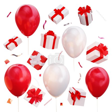 Téléchargez les photos : Composition 3D de différents types de cadeaux tombant, ballons volants et confettis dispersés. Isolé sur fond blanc, rendu 3D - en image libre de droit