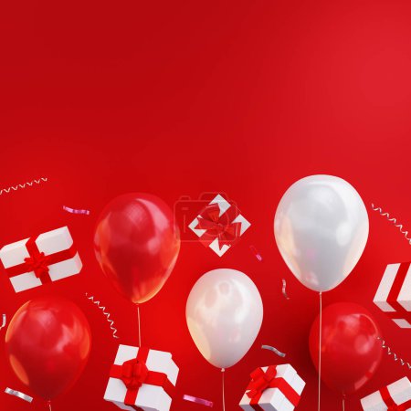 Téléchargez les photos : Composition 3D de différents types de cadeaux tombant, ballons volants et confettis éparpillés sur fond rouge, rendu 3D - en image libre de droit
