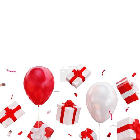 Téléchargez les photos : Composition 3D de différents types de cadeaux tombant, ballons volants et confettis éparpillés sur fond blanc, rendu 3D - en image libre de droit