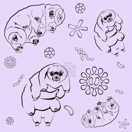 Colored and black border cute cartoon tardigrades (water bears) vector repeat seamless pattern on colored background