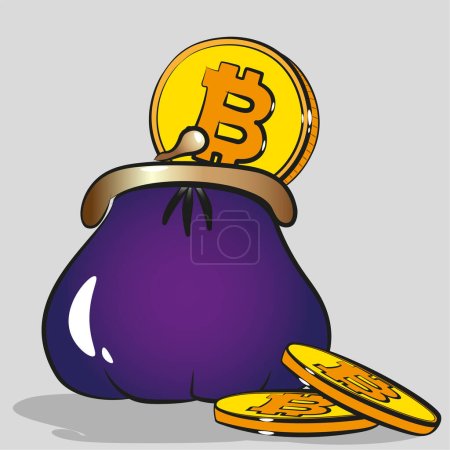 Ilustración de Cute colored cartoon bitcoin wallet isolated on the grey background with metal coins insaid and nearby - Imagen libre de derechos