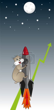 Ilustración de The cute and funny cartoon hamster flying on a rocket to the moon against the background of the green uptrend - Imagen libre de derechos