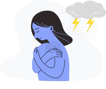 Ilustración de The girl hugging self for reducing anxiety and depression. self care concept. flat vector illustration. - Imagen libre de derechos