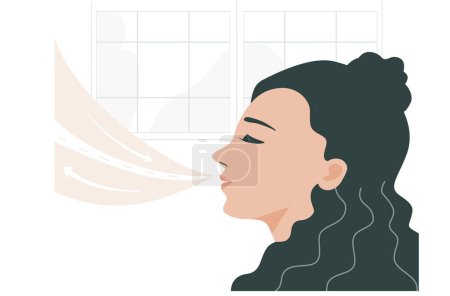 Illustration for Side view of beautyful woman face, she manage her stress or anxiety by breathing exercise. Flat vector iluustration. - Royalty Free Image