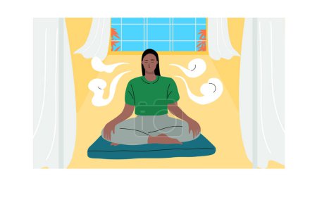 Téléchargez les illustrations : Woman doing meditation at home and breathing exercise, self love concept. flat vector illustration. - en licence libre de droit